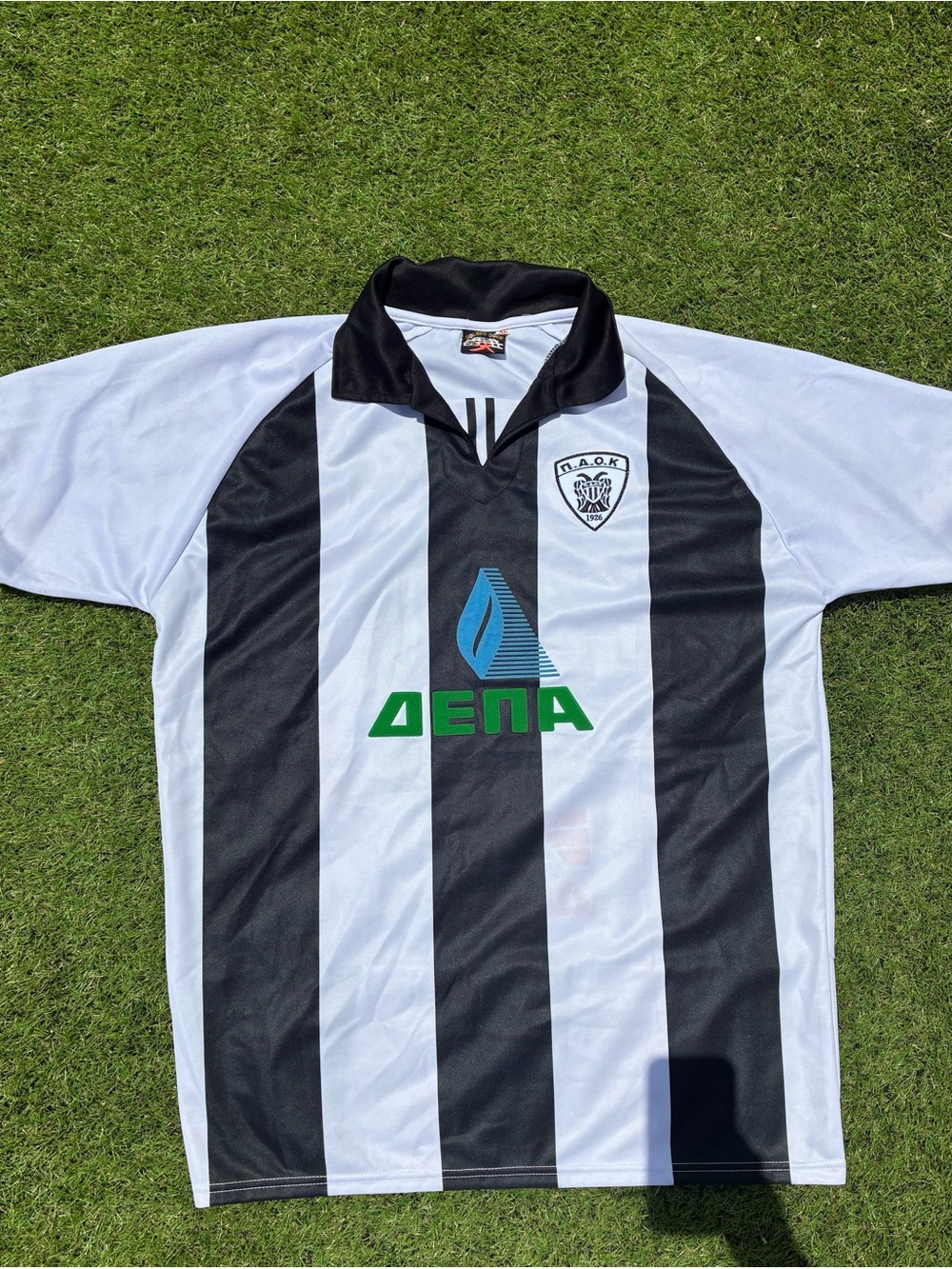 PAOK Black & White Striped Soccer Jersey with Logo